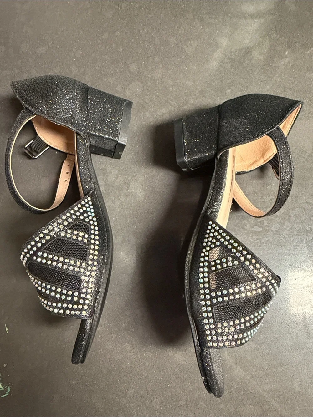 Black Glitter Dress Sandals with Rhinestone Detail